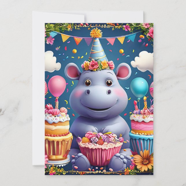 Convites Hipopótamo de aniversário com bolo e balões (Frente)