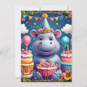 Convites Hipopótamo de aniversário com bolo e balões