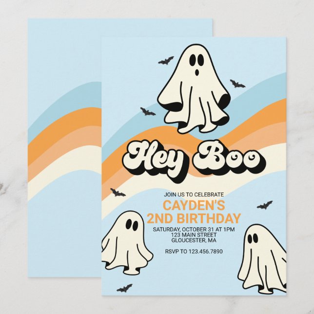 Convites Hippie Halloween Retro Fantasma Ei Boo azul (Frente/Verso)