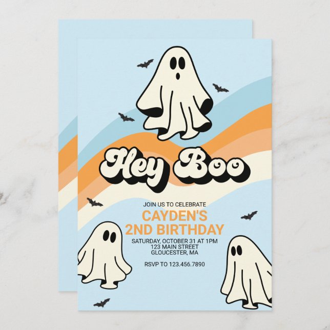 Convites Hippie Halloween Retro Ghost Ei Boo Azul (Frente/Verso)