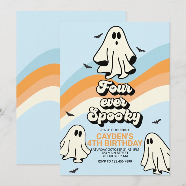 Convites Hippie Halloween Retro Ghost Quatro Sempre Spooky (Frente/Verso)