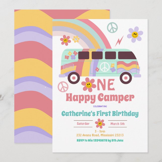 Convites Hippie Van One Happy Camper Primeiro Aniversário (Frente/Verso)