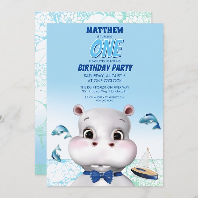 Convites Hippo Blue Fish Boy Birday (Frente/Verso)