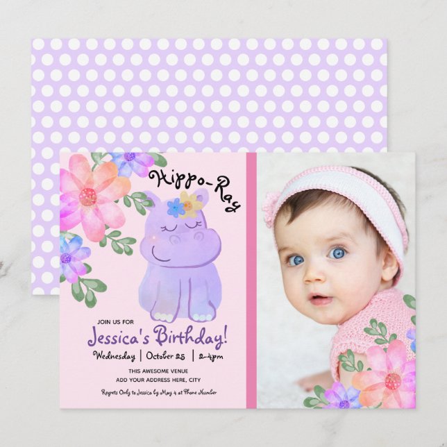 Convites Hippo Watercolor Birthday Girly Floral (Frente/Verso)