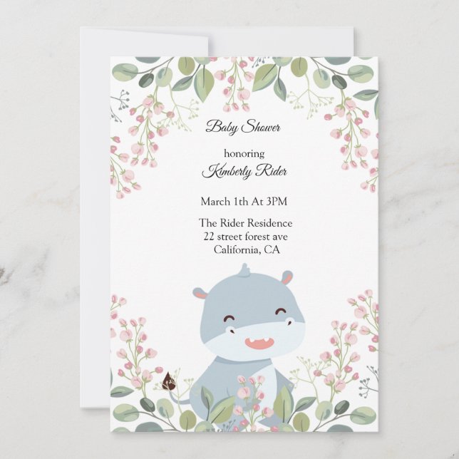 Convites Hippopotamus Woodland Baby Shower (Frente)