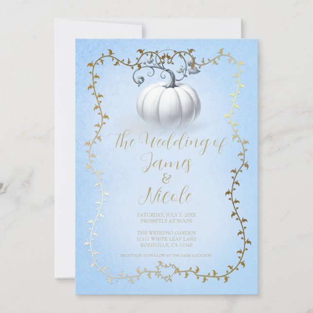 Convites História Azul Dourada Livro Branco Abóbora Casamen (Frente)