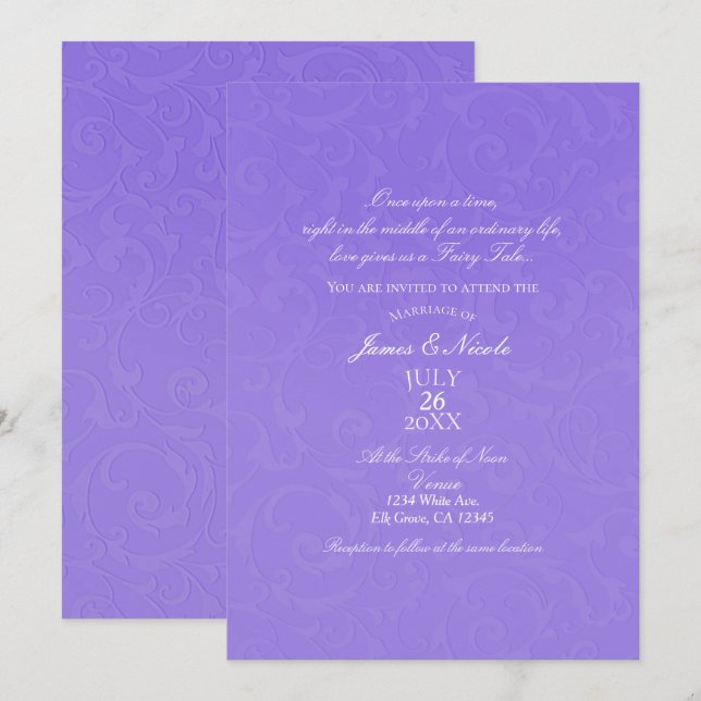 Convites História da Princesa Roxo Damasco Elegante Casamen (Frente/Verso)