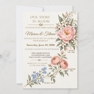 Convites História de Amor Floral em Aquarela Rosa Bege Casa