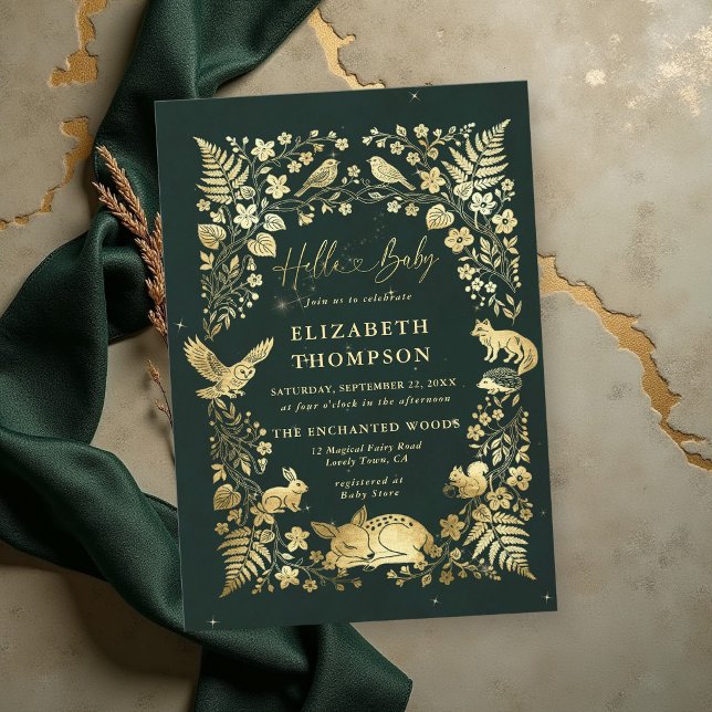 Convites História de Animais da Floresta Chamada de Bebê em (woodland baby shower theme faux gold frame invitation animals enchanted forest storybook fairytale)