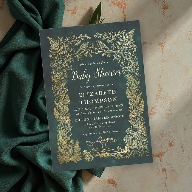 Convites História de Animais da Floresta Chamada de Bebê En (woodland deer baby shower ideas forest themed mushrooms greenery faux gold invitation)