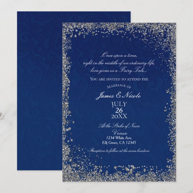 Convites História de Casamento da Princesa Navy Blue Silver (Frente/Verso)