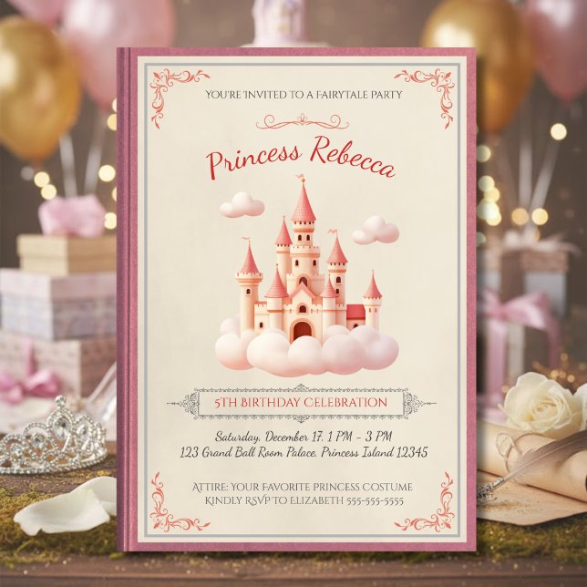 Convites História do Castelo da Princesa Aniversário Conto  (Host a party fit for royalty with this elegant Vintage Storybook Princess Invitation)