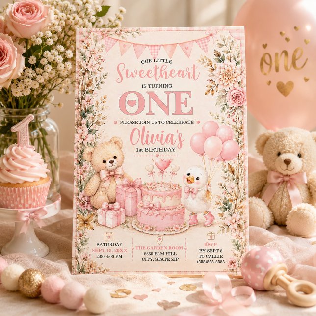 Convites História do Ursinho de Pelúcia Pequeno Querido Gan (Cute teddy bear and duck little girl's 1st birthday party invitation)