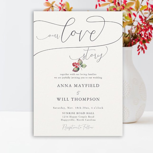 Convites História Romântica de Amor Casamento Elegante Berr (winter red berries love story romantic elegant wedding invitation minimalist classy country rustic)