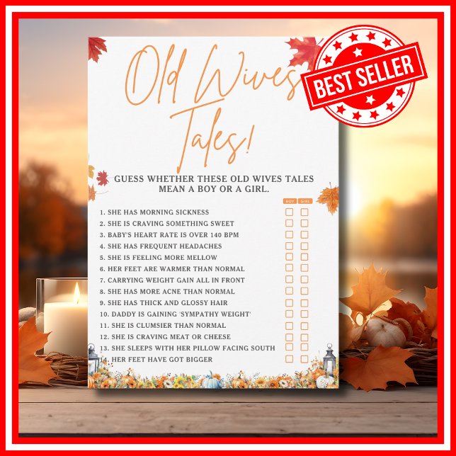 Convites HISTÓRIAS DE COMADRES Jogo para Chá de Bebê PEquen (OLD WIVES TALES Easy Baby Shower Game A Little Pumpkin is on the Way Fall Autumn Theme)