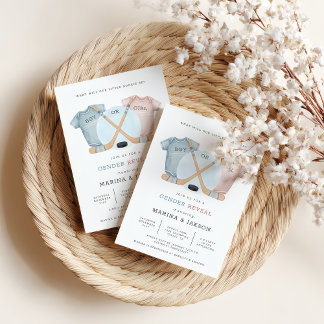 Convites Hockey baby shower, hockey gender reveal