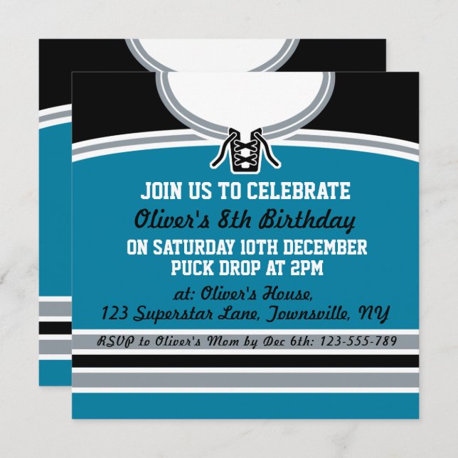 Convites Hockey Jersey Themed Party Invite Modelo, Teal (Frente/Verso)