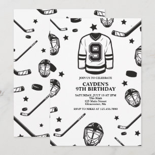 Convites Hockey preto e branco de 9 anos de idade