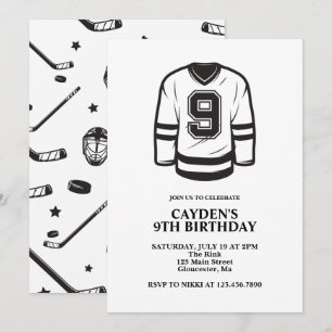 Convites Hockey preto e branco de 9 anos de idade