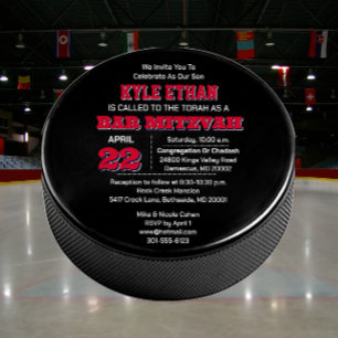 Convites Hockey Puck Red White e Bar Azul Mitzvah