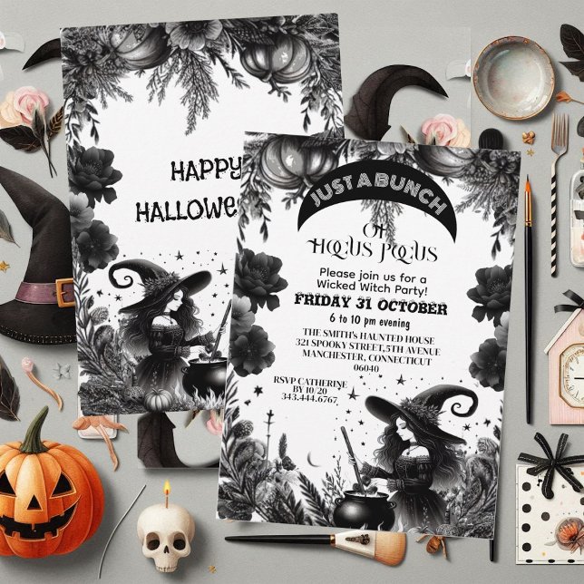 Convites Hocus Pocus Wicked Witch Party - Script Gótico Pre (Hocus Pocus Wicked Witch Party Gothic Script Black Invitation)