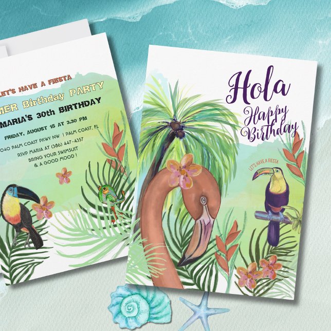Convites Hola Happy Birthday - Tropical Flamingo Toucan (Hola Happy Birthday -Tropical Flamingo Toucan Invitation)