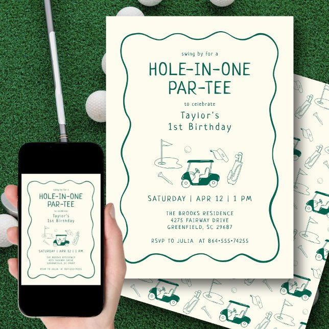 Convites Hole In One 1st Birthday Par-tee Hand Drawn Green (Hand-drawn golf icons add a playful, artistic touch to this modern first birthday invite.)