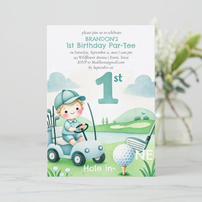 Convites Hole in One Golf Boy 1st Birthday Par-Tee (Em pé/Frente)