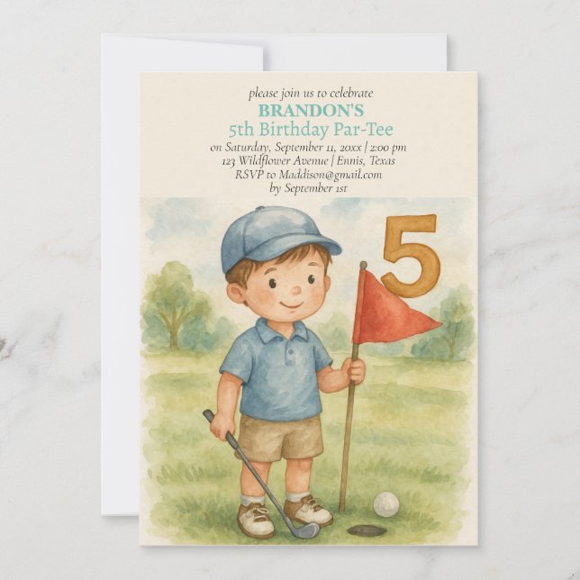 Convites Hole in One Golf Boy 5th Birthday Par-Tee (Frente)