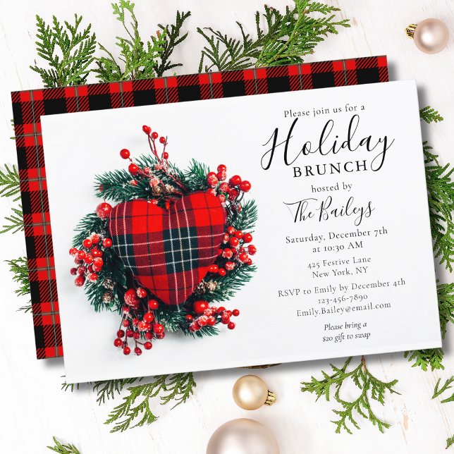 Convites Holiday Brunch | Brunch Red Tartan Heart (Criador carregado)