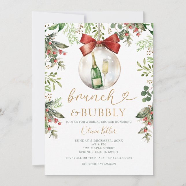 Convites Holiday Brunch & Bubbly Christmas Bridal Shower  (Frente)