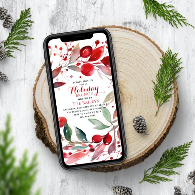 Convites Holiday Brunch Elegante, Natal, Red Floral Wreath (Criador carregado)