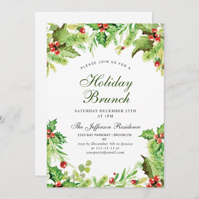 Convites Holiday Brunch Red Holly Berry Natal (Frente/Verso)