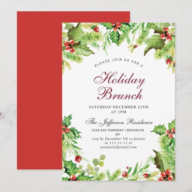 Convites Holiday Brunch Red Holly Berry Natal (Frente/Verso)