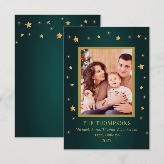 Convites Holiday Christmas Gold Stars Family Photo card (Frente/Verso)