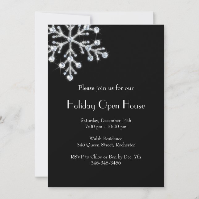 Convites Holiday Crystal Snowflake Open House (preto) (Frente)