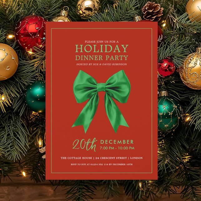 Convites Holiday Dinner Party Green Satin Bow Red (Holiday Dinner Party Green Satin Bow Red Invitation)