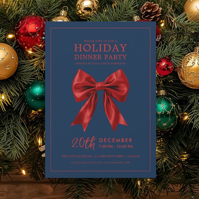 Convites Holiday Dinner Party Red Satin Bow Navy  (Holiday Dinner Party Red Satin Bow Navy Invitation)