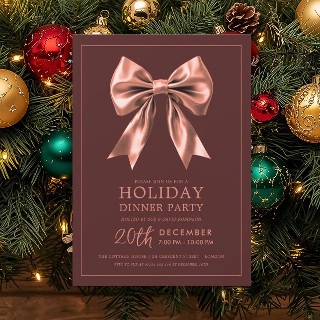 Convites Holiday Dinner Party Rose Gold Satin Bow Burgundy  (Holiday Dinner Party Rose Gold Satin Bow Burgundy Invitation)