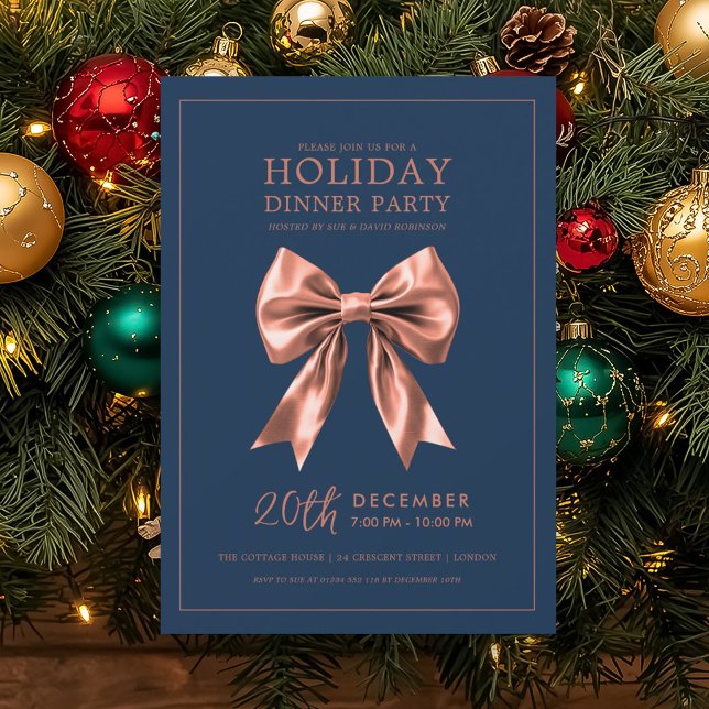 Convites Holiday Dinner Party Rose Gold Satin Bow Navy Blue (Holiday Dinner Party Rose Gold Satin Bow Navy Blue Invitation)