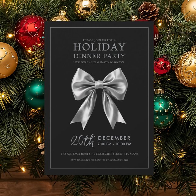 Convites Holiday Dinner Party Silver Satin Bow Black (Holiday Dinner Party Silver Satin Bow Black Invitation)