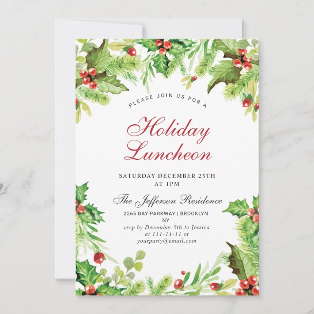 Convites Holiday Luncheon Red Holly Berry Natal (Frente)