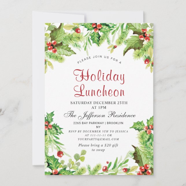 Convites Holiday Luncheon Red Holly Berry Natal (Frente)