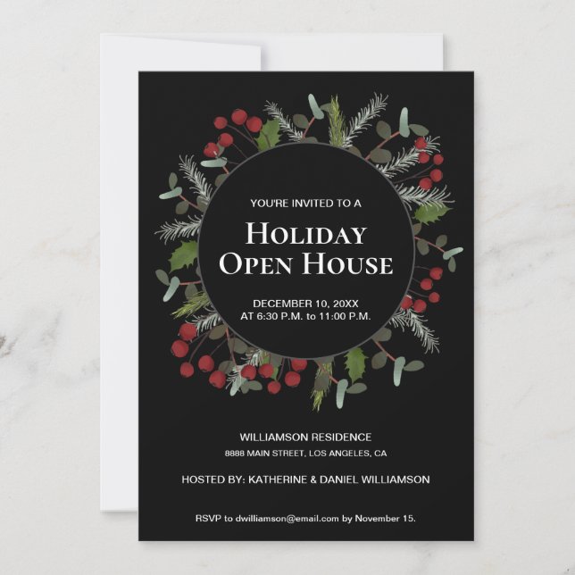 Convites Holiday Open House Holly Wreath festivo (Frente)