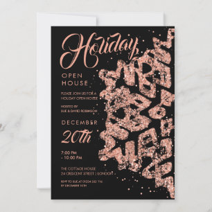 Convites Holiday Open House Rosa Dourado Glitter Black