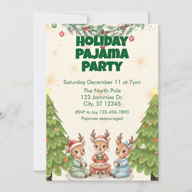 Convites Holiday Pajama Party, reindeer and cocoa (Frente)