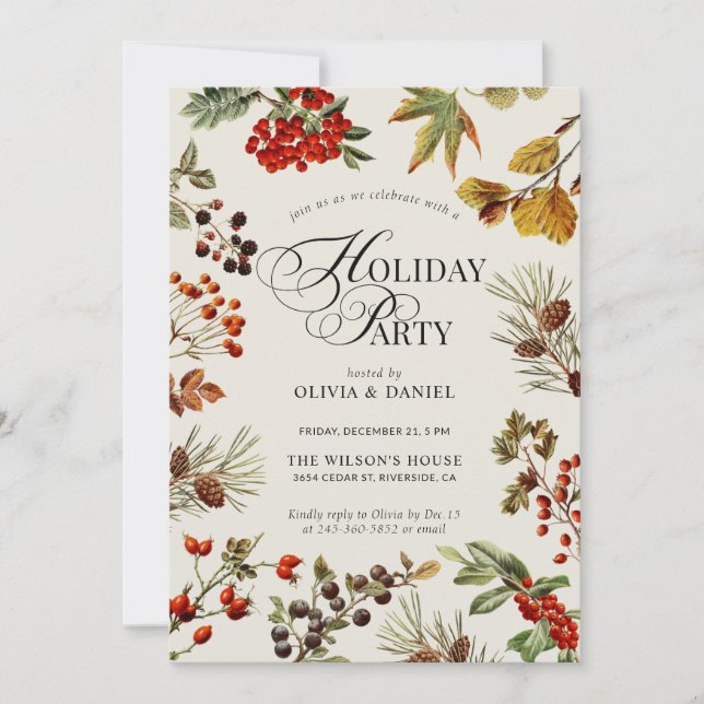 Convites Holiday Party Botanical Plants Berries Script (Frente)