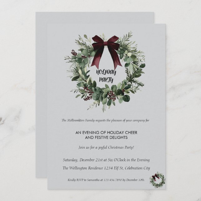 Convites Holiday Party Invitation Elegant Christmas Wreath (Frente/Verso)