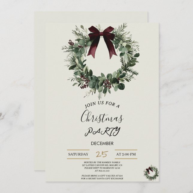 Convites Holiday Party Invitation Elegant Christmas Wreath (Frente/Verso)