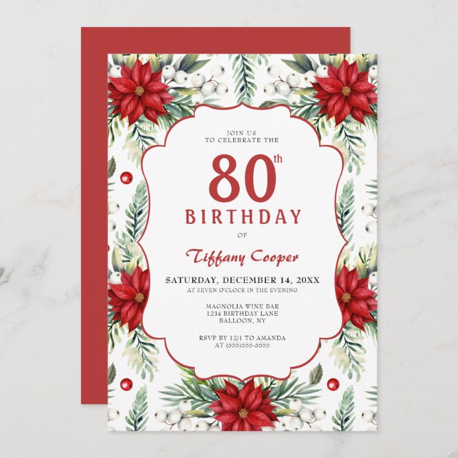 Convites Holiday Poinsettia 80 Birthday (Frente/Verso)